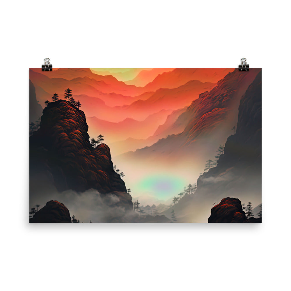 Gebirge, rote Farben und Nebel - Episches Kunstwerk - Premium Poster (glänzend) berge xxx 61 x 91.4 cm