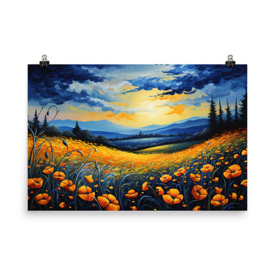 Berglandschaft mit schönen gelben Blumen - Landschaftsmalerei - Premium Poster (glänzend) berge xxx 61 x 91.4 cm