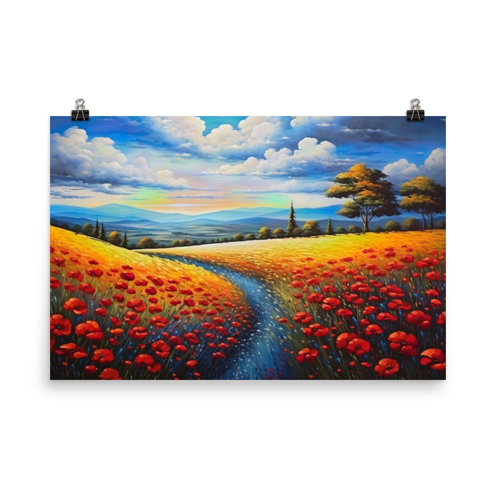Feld mit roten Blumen und Berglandschaft - Landschaftsmalerei - Premium Poster (glänzend) berge xxx 61 x 91.4 cm