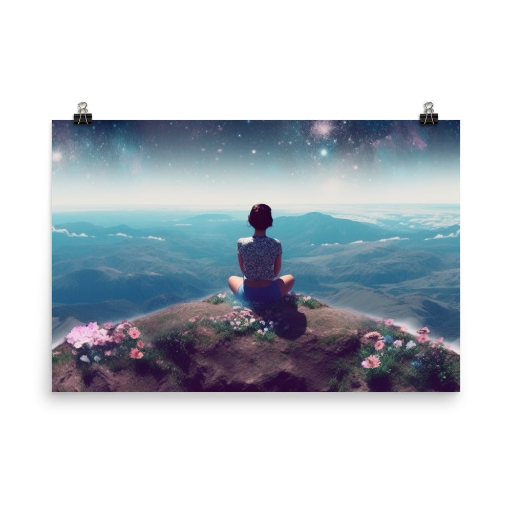 Frau sitzt auf Berg – Cosmos und Sterne im Hintergrund - Landschaftsmalerei - Premium Poster (glänzend) berge xxx 61 x 91.4 cm