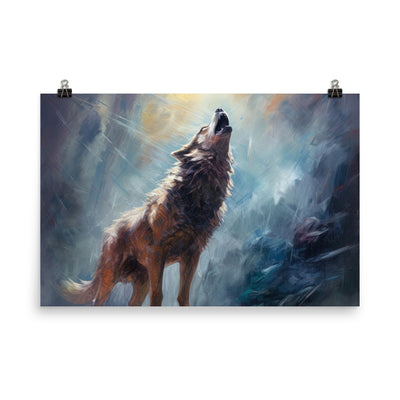 Heulender Wolf auf Berggipfel und Mond im Hintergrund – Abstrakte Malerei - Premium Poster (glänzend) camping xxx 61 x 91.4 cm