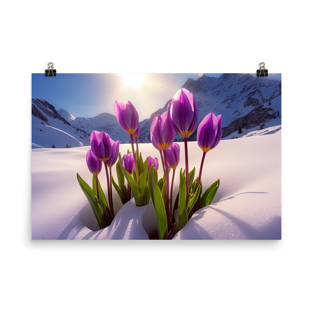 Tulpen im Schnee und in den Bergen - Blumen im Winter - Premium Poster (glänzend) berge xxx 61 x 91.4 cm