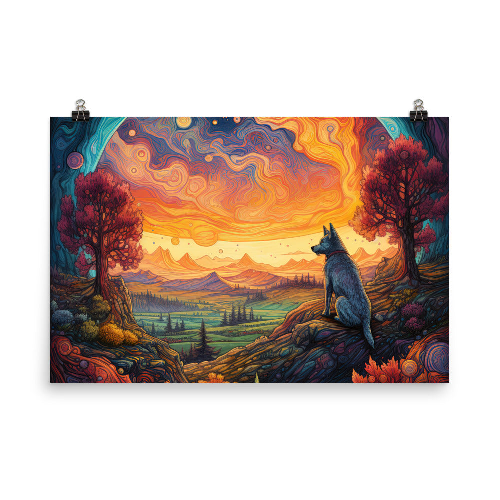 Hund auf Felsen - Epische bunte Landschaft - Malerei - Premium Poster (glänzend) camping xxx 61 x 91.4 cm