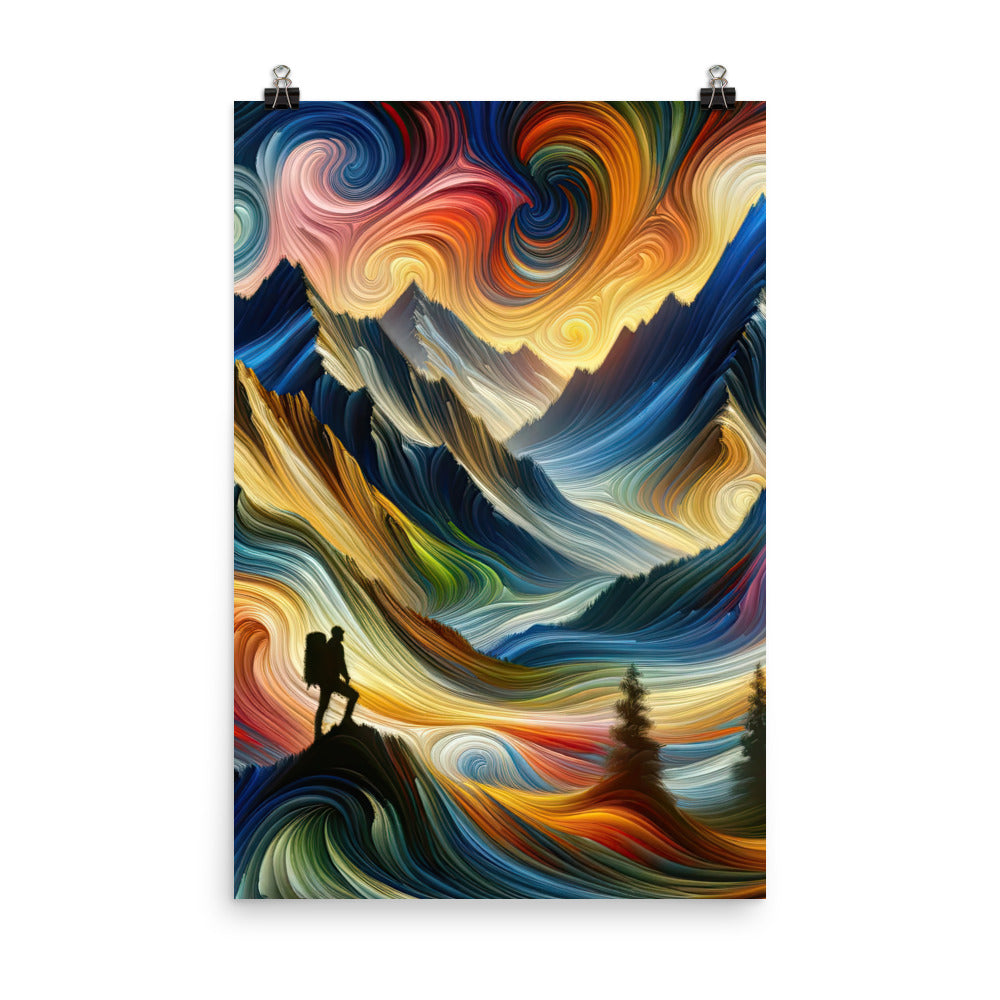 Abstraktes Kunstgemälde der Alpen mit wirbelnden, lebendigen Farben und dynamischen Mustern. Wanderer Silhouette - Premium Luster Photo wandern xxx yyy zzz 61 x 91.4 cm