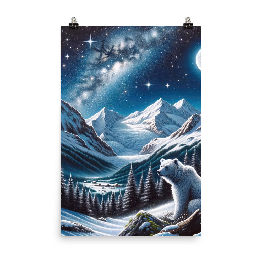 Sternennacht und Eisbär: Acrylgemälde mit Milchstraße, Alpen und schneebedeckte Gipfel - Premium Poster (glänzend) camping xxx yyy zzz 61 x 91.4 cm