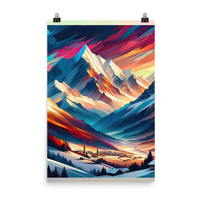 Moderne geometrische Alpen Kunst: Warmer Sonnenuntergangs Schein auf Schneegipfeln - Premium Poster (glänzend) berge xxx yyy zzz 61 x 91.4 cm