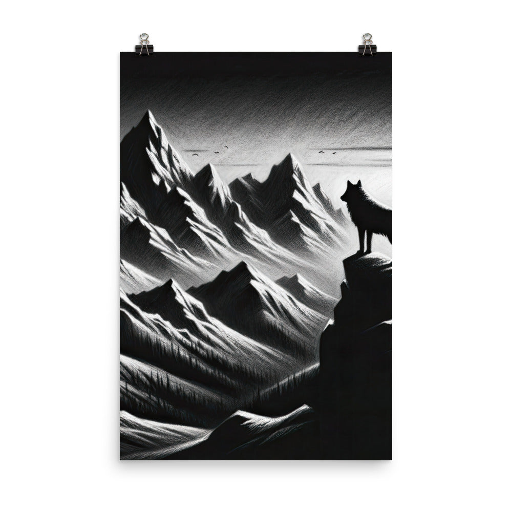 Kohlezeichnung, die die stille Stille der Alpen in der Winterdämmerung verkörpert. Wolf auf einem Berghügel (AN) - Premium Luster Photo xxx yyy zzz 61 x 91.4 cm