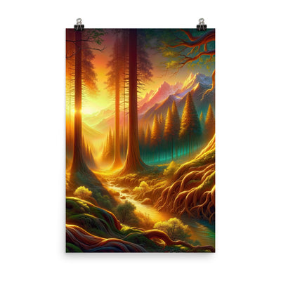 Golden-Stunde Alpenwald, Sonnenlicht durch Blätterdach - Premium Poster (glänzend) camping xxx yyy zzz 61 x 91.4 cm