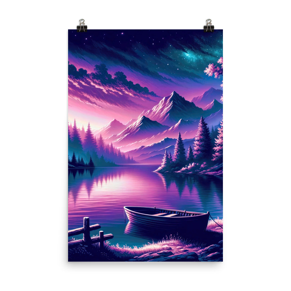 Magische Alpen-Dämmerung, rosa-lila Himmel und Bergsee mit Boot - Premium Poster (glänzend) berge xxx yyy zzz 61 x 91.4 cm