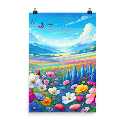 Weitläufiges Blumenfeld unter himmelblauem Himmel, leuchtende Flora - Premium Poster (glänzend) camping xxx yyy zzz 61 x 91.4 cm