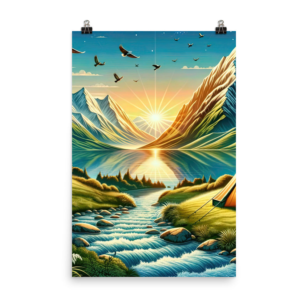 Zelt im Alpenmorgen mit goldenem Licht, Schneebergen und unberührten Seen - Premium Poster (glänzend) berge xxx yyy zzz 61 x 91.4 cm