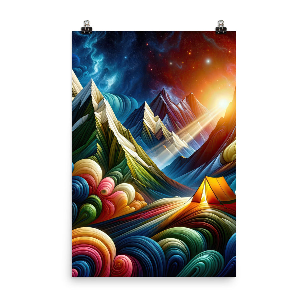Abstrakte Bergwelt in lebendigen Farben mit Zelt - Premium Poster (glänzend) camping xxx yyy zzz 61 x 91.4 cm