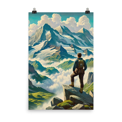 Panoramablick der Alpen mit Wanderer auf einem Hügel und schroffen Gipfeln - Premium Poster (glänzend) wandern xxx yyy zzz 61 x 91.4 cm