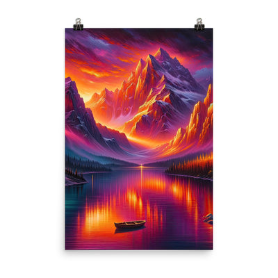 Ölgemälde eines Bootes auf einem Bergsee bei Sonnenuntergang, lebendige Orange-Lila Töne - Premium Poster (glänzend) berge xxx yyy zzz 61 x 91.4 cm
