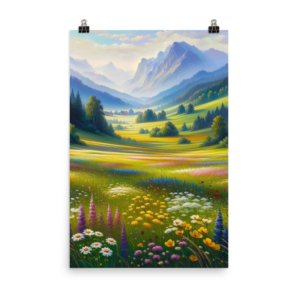 Ölgemälde einer Almwiese, Meer aus Wildblumen in Gelb- und Lilatönen - Premium Poster (glänzend) berge xxx yyy zzz 61 x 91.4 cm