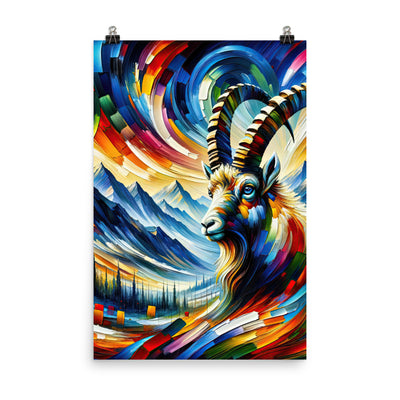 Alpen-Ölgemälde mit kräftigen Farben und Bergsteinbock in lebendiger Szenerie - Premium Poster (glänzend) berge xxx yyy zzz 61 x 91.4 cm