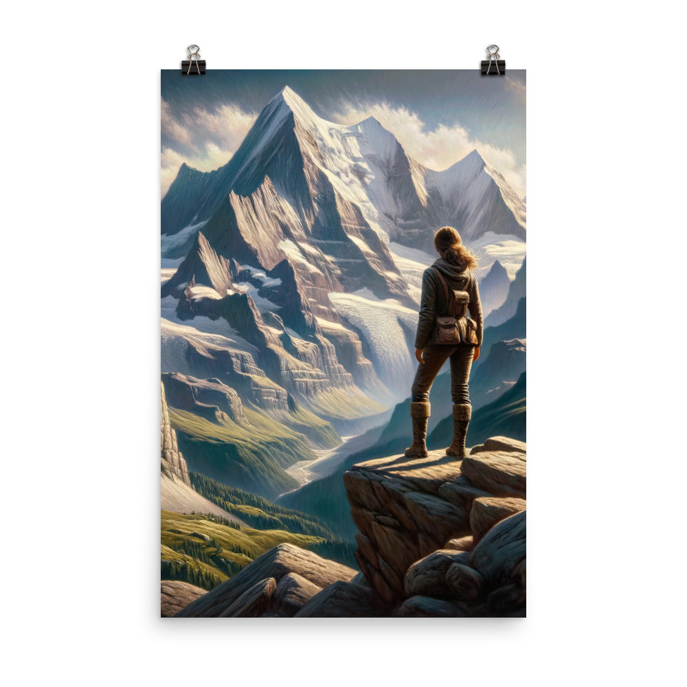 Ölgemälde der Alpengipfel mit Schweizer Abenteurerin auf Felsvorsprung - Premium Poster (glänzend) wandern xxx yyy zzz 61 x 91.4 cm
