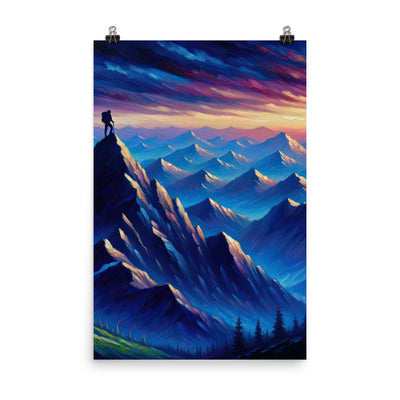 Ölgemälde eines ruhigen Alpenabends mit Bergsteigersilhouette auf dem Gipfel - Premium Poster (glänzend) wandern xxx yyy zzz 61 x 91.4 cm