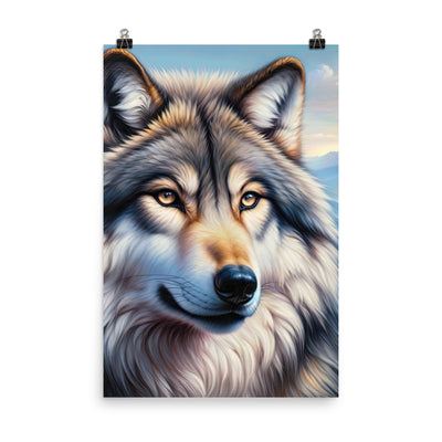 Ölgemäldeporträt eines majestätischen Wolfes mit intensiven Augen in der Berglandschaft (AN) - Premium Poster (glänzend) xxx yyy zzz 61 x 91.4 cm