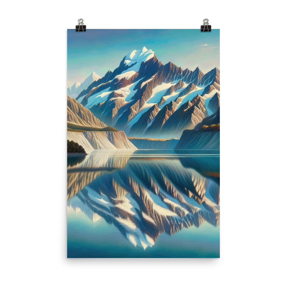 Ölgemälde eines unberührten Sees, der die Bergkette spiegelt - Premium Poster (glänzend) berge xxx yyy zzz 61 x 91.4 cm
