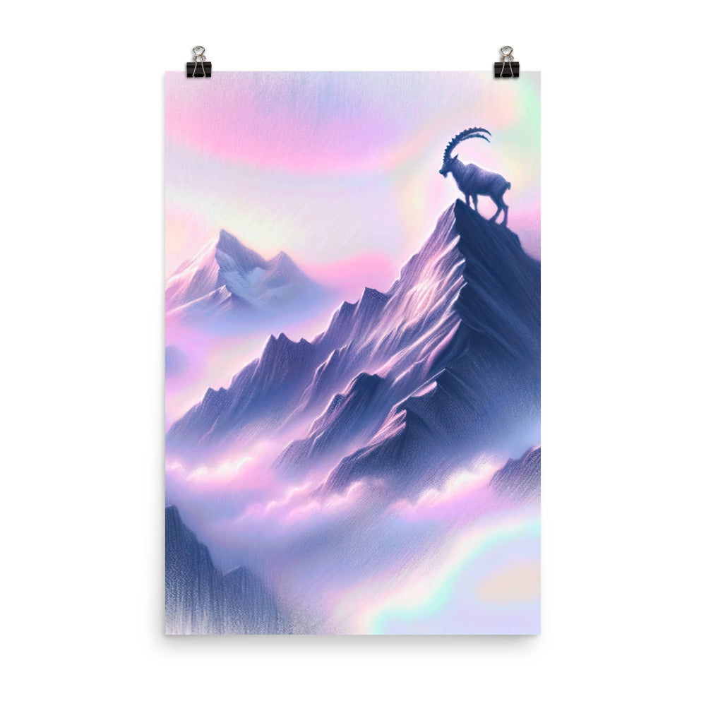 Pastellzeichnung der Alpen im Morgengrauen mit Steinbock in Rosa- und Lavendeltönen - Premium Poster (glänzend) berge xxx yyy zzz 61 x 91.4 cm