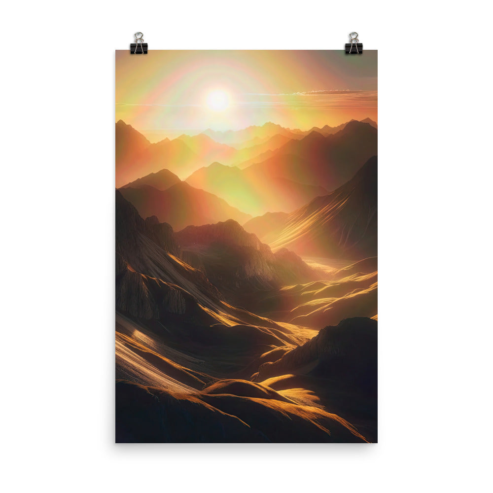 Foto der goldenen Stunde in den Bergen mit warmem Schein über zerklüftetem Gelände - Premium Poster (glänzend) berge xxx yyy zzz 61 x 91.4 cm