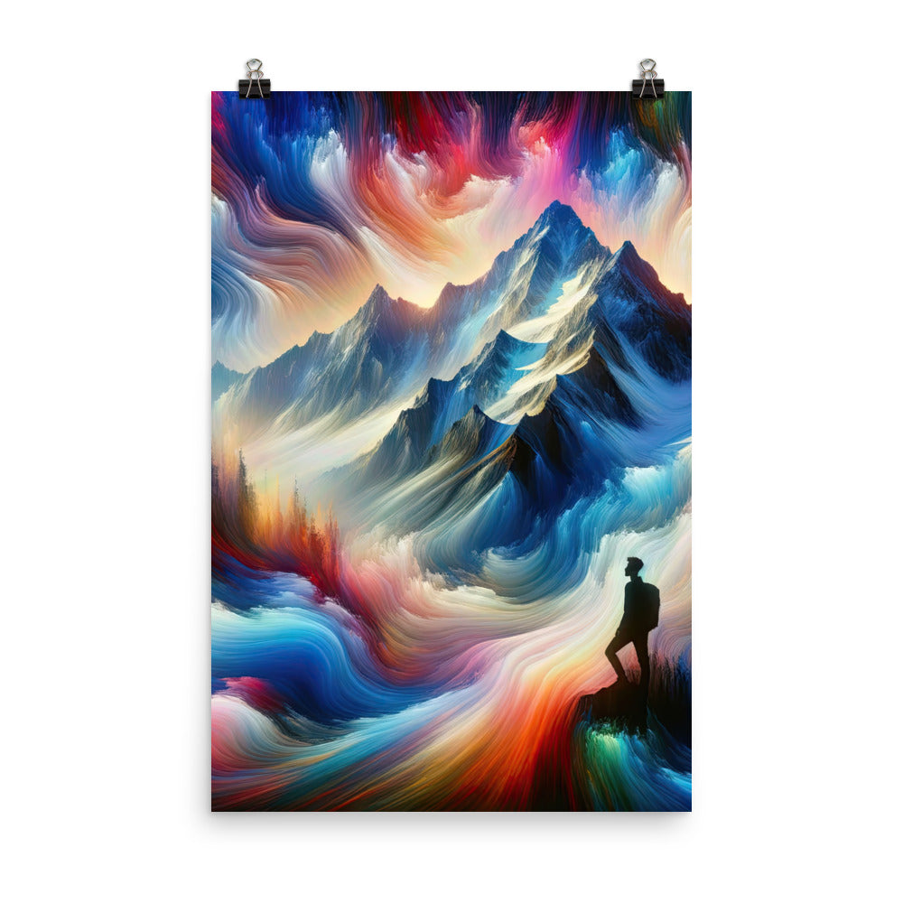 Foto eines abstrakt-expressionistischen Alpengemäldes mit Wanderersilhouette - Premium Poster (glänzend) wandern xxx yyy zzz 61 x 91.4 cm