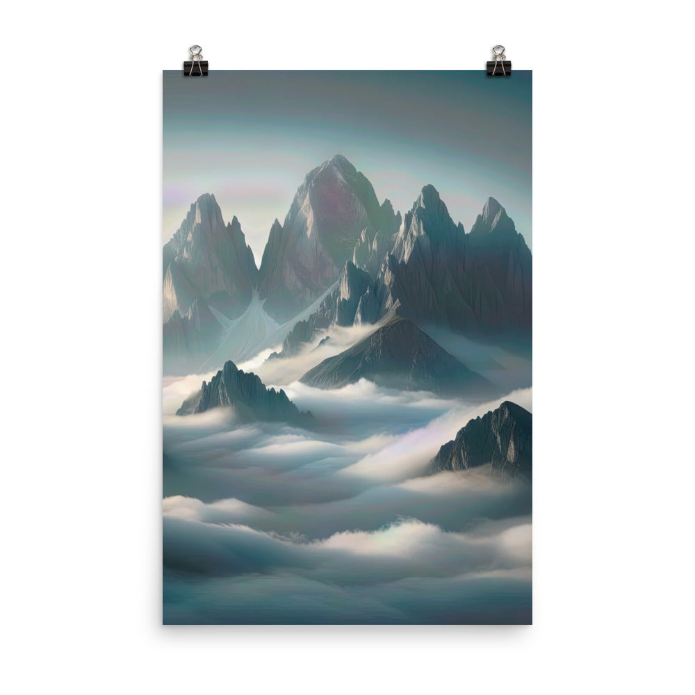 Foto eines nebligen Alpenmorgens, scharfe Gipfel ragen aus dem Nebel - Premium Poster (glänzend) berge xxx yyy zzz 61 x 91.4 cm