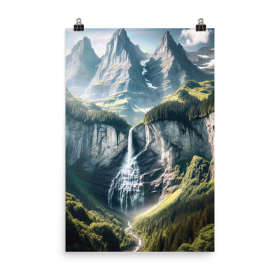 Foto der sommerlichen Alpen mit üppigen Gipfeln und Wasserfall - Premium Poster (glänzend) berge xxx yyy zzz 61 x 91.4 cm