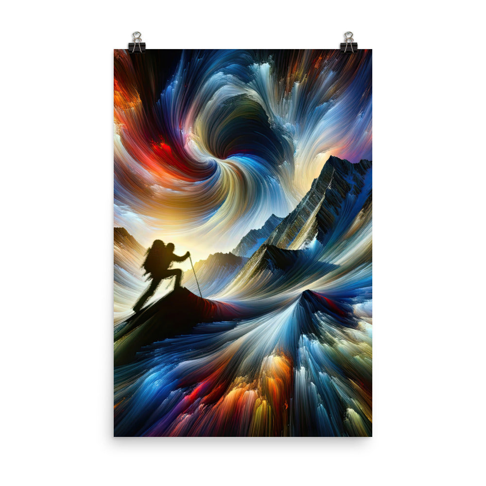 Foto der Alpen in abstrakten Farben mit Bergsteigersilhouette - Premium Poster (glänzend) wandern xxx yyy zzz 61 x 91.4 cm