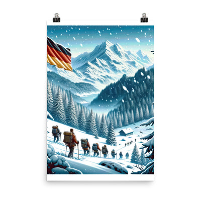 Quadratische Winterillustration der Alpen mit deutscher Flagge und Wanderteam - Premium Poster (glänzend) wandern xxx yyy zzz 61 x 91.4 cm