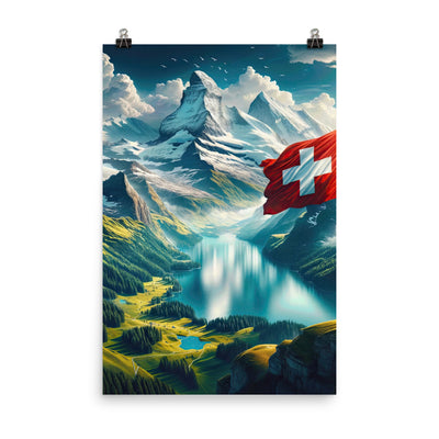 Ultraepische, fotorealistische Darstellung der Schweizer Alpenlandschaft mit Schweizer Flagge - Premium Poster (glänzend) berge xxx yyy zzz 61 x 91.4 cm