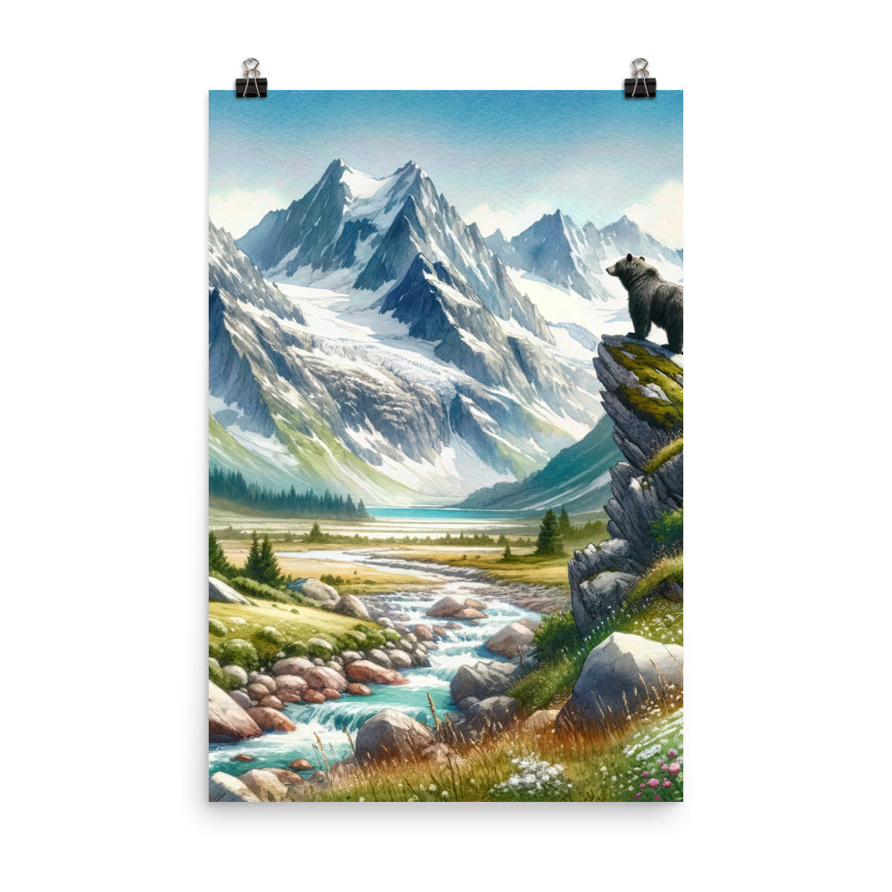 Aquarellmalerei eines Bären und der sommerlichen Alpenschönheit mit schneebedeckten Ketten - Premium Poster (glänzend) camping xxx yyy zzz 61 x 91.4 cm
