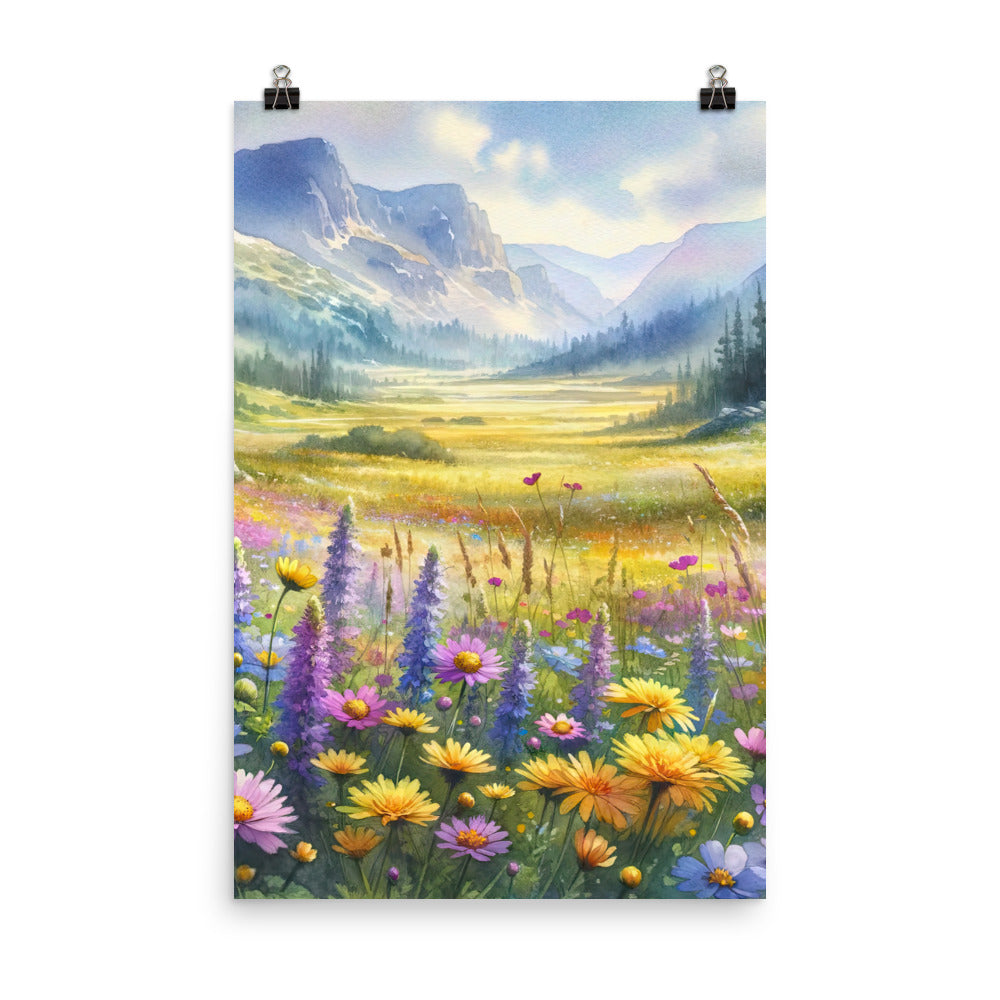 Aquarell einer Almwiese in Ruhe, Wildblumenteppich in Gelb, Lila, Rosa - Premium Poster (glänzend) berge xxx yyy zzz 61 x 91.4 cm
