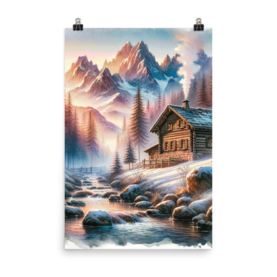 Aquarell einer Alpenszene im Morgengrauen, Haus in den Bergen - Premium Poster (glänzend) berge xxx yyy zzz 61 x 91.4 cm