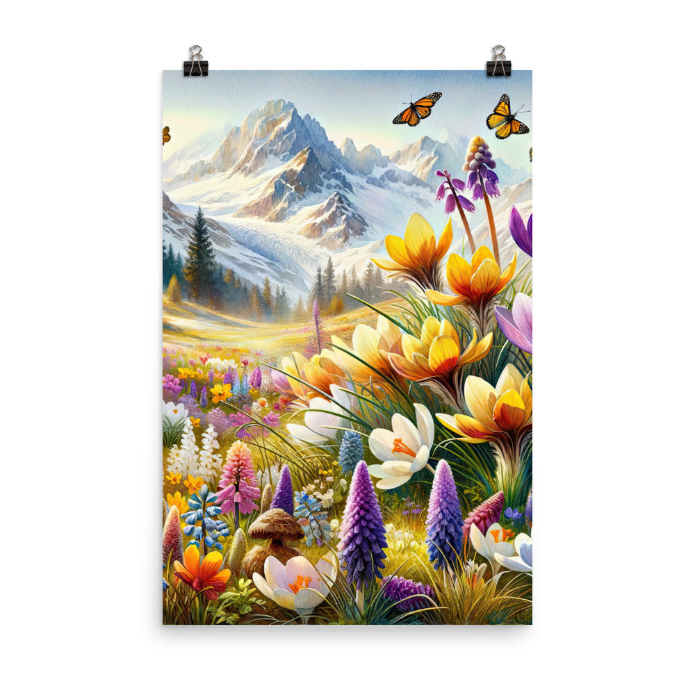 Aquarell einer ruhigen Almwiese, farbenfrohe Bergblumen in den Alpen - Premium Poster (glänzend) berge xxx yyy zzz 61 x 91.4 cm