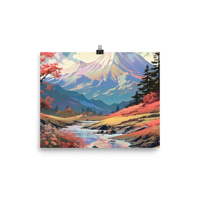 Berge. Fluss und Blumen - Malerei - Premium Poster (glänzend) berge xxx 20.3 x 25.4 cm