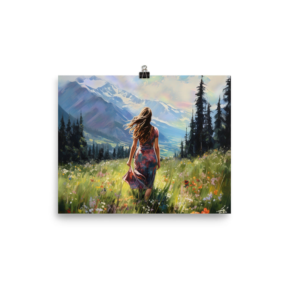 Frau mit langen Kleid im Feld mit Blumen - Berge im Hintergrund - Malerei - Premium Poster (glänzend) berge xxx 20.3 x 25.4 cm