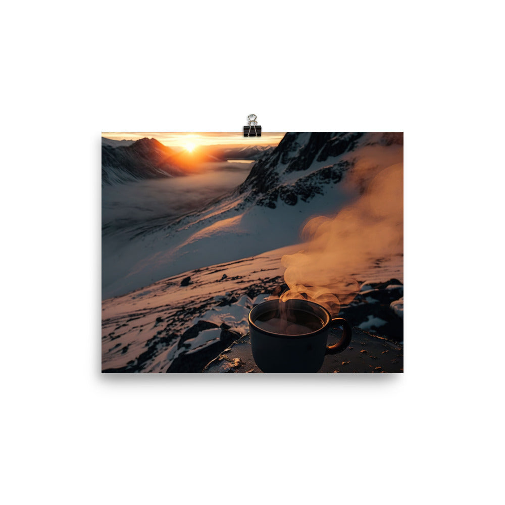 Heißer Kaffee auf einem schneebedeckten Berg - Premium Poster (glänzend) berge xxx 20.3 x 25.4 cm