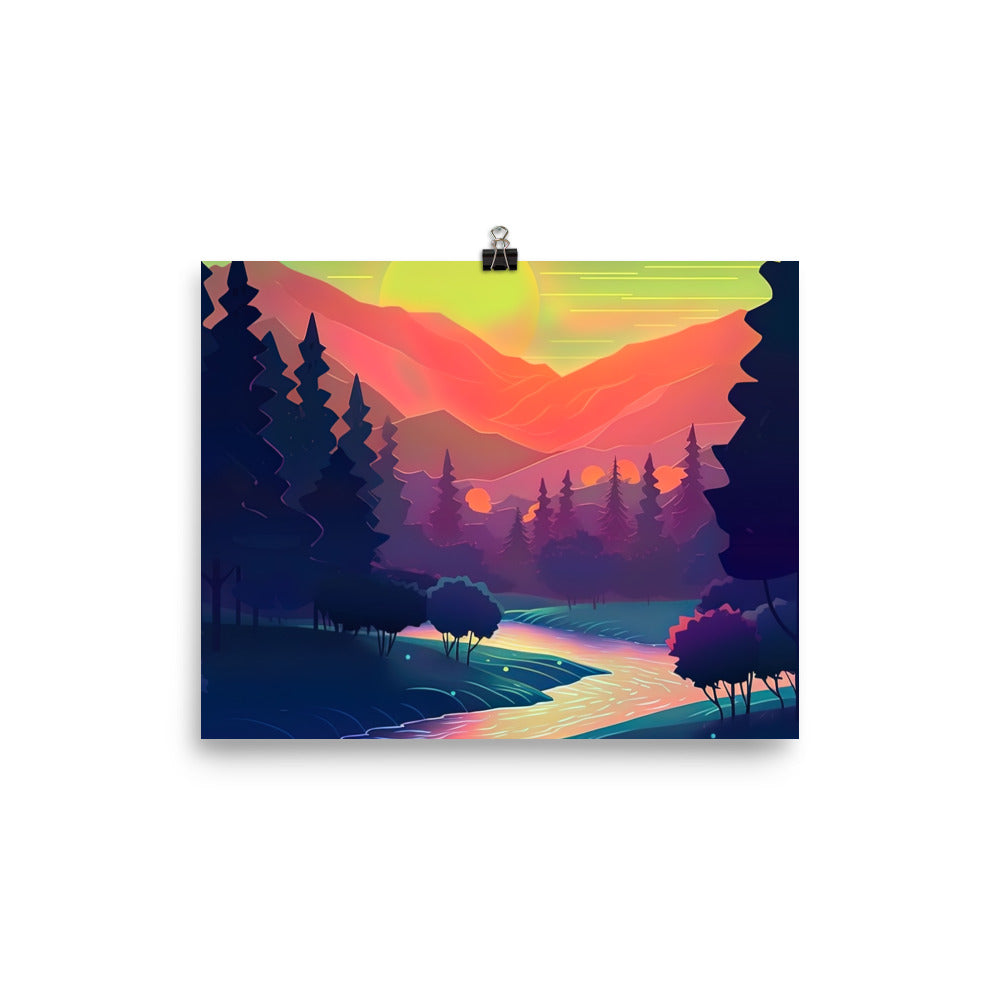 Berge, Fluss, Sonnenuntergang - Malerei - Premium Poster (glänzend) berge xxx 20.3 x 25.4 cm