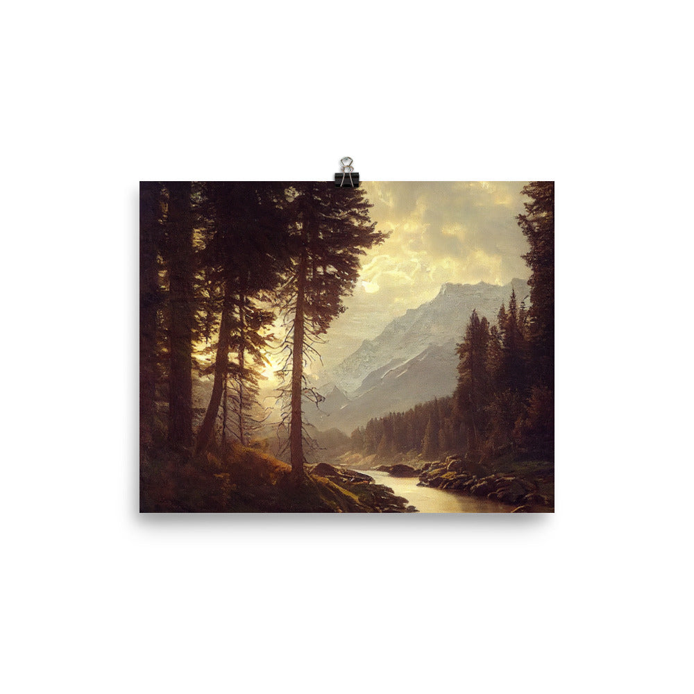 Landschaft mit Bergen, Fluss und Bäumen - Malerei - Premium Poster (glänzend) berge xxx 20.3 x 25.4 cm