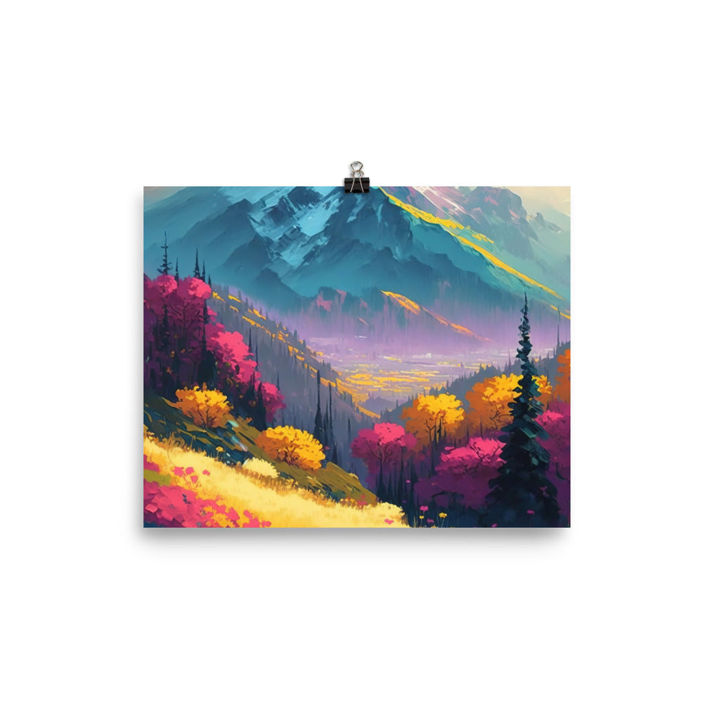Berge, pinke und gelbe Bäume, sowie Blumen - Farbige Malerei - Premium Poster (glänzend) berge xxx 20.3 x 25.4 cm