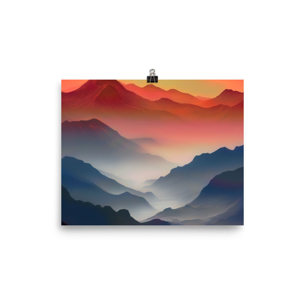 Sonnteruntergang, Gebirge und Nebel - Landschaftsmalerei - Premium Poster (glänzend) berge xxx 20.3 x 25.4 cm