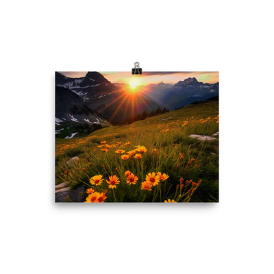 Gebirge, Sonnenblumen und Sonnenaufgang - Premium Poster (glänzend) berge xxx 20.3 x 25.4 cm
