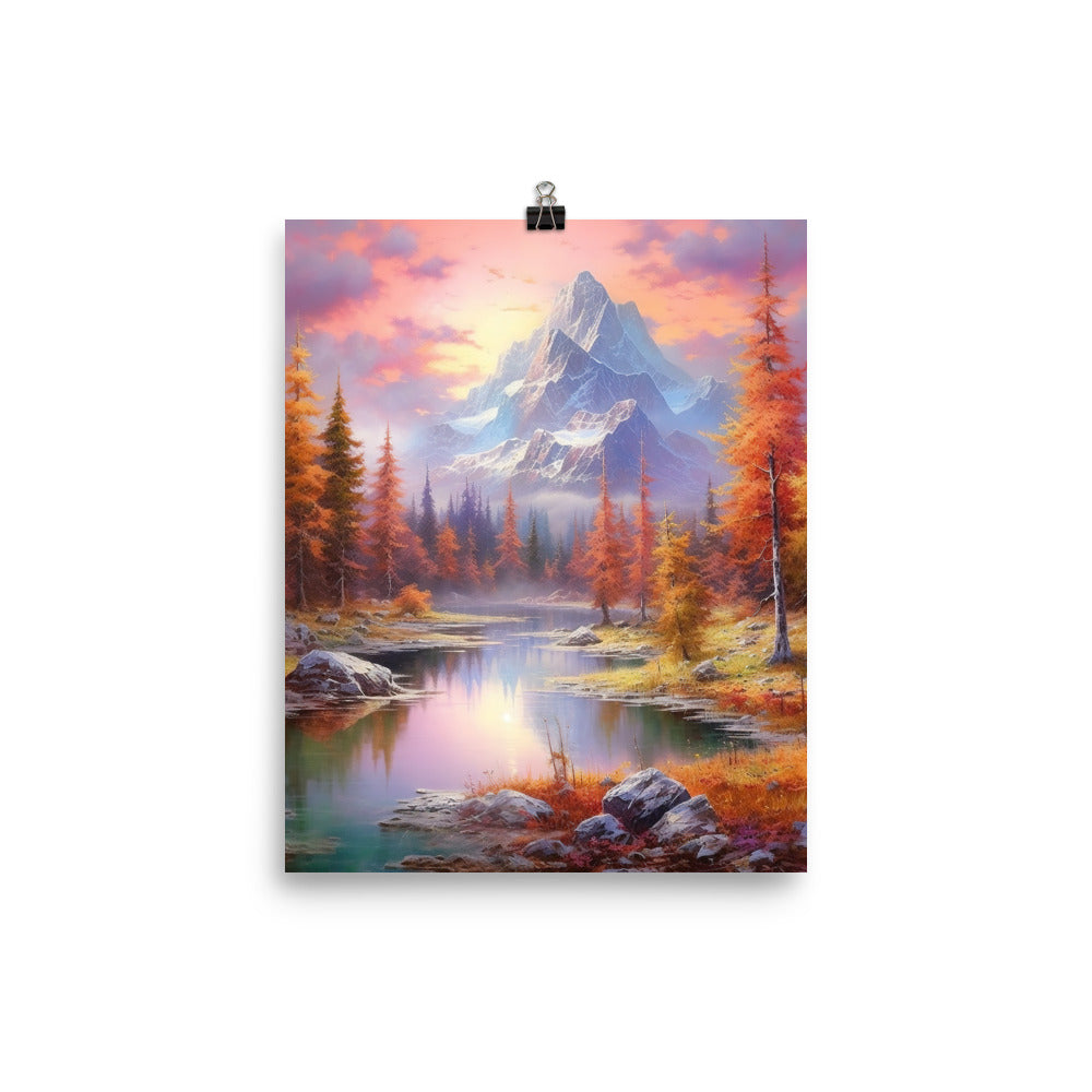 Landschaftsmalerei - Berge, Bäume, Bergsee und Herbstfarben - Premium Poster (glänzend) berge xxx 20.3 x 25.4 cm