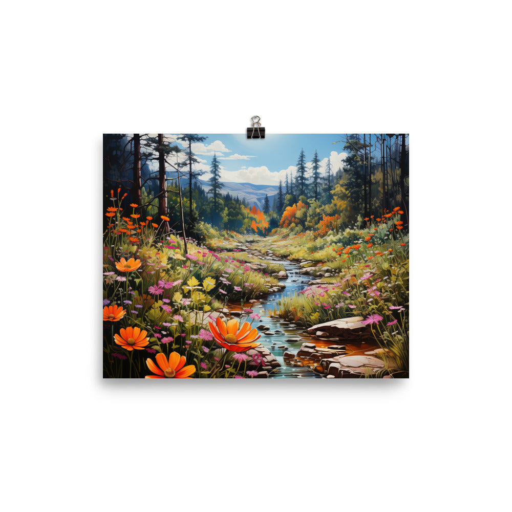 Berge, schöne Blumen und Bach im Wald - Premium Poster (glänzend) berge xxx 20.3 x 25.4 cm