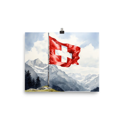 Schweizer Flagge und Berge im Hintergrund - Epische Stimmung - Malerei - Premium Poster (glänzend) berge xxx 20.3 x 25.4 cm