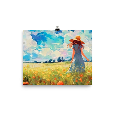 Dame mit Hut im Feld mit Blumen - Landschaftsmalerei - Premium Poster (glänzend) camping xxx 20.3 x 25.4 cm