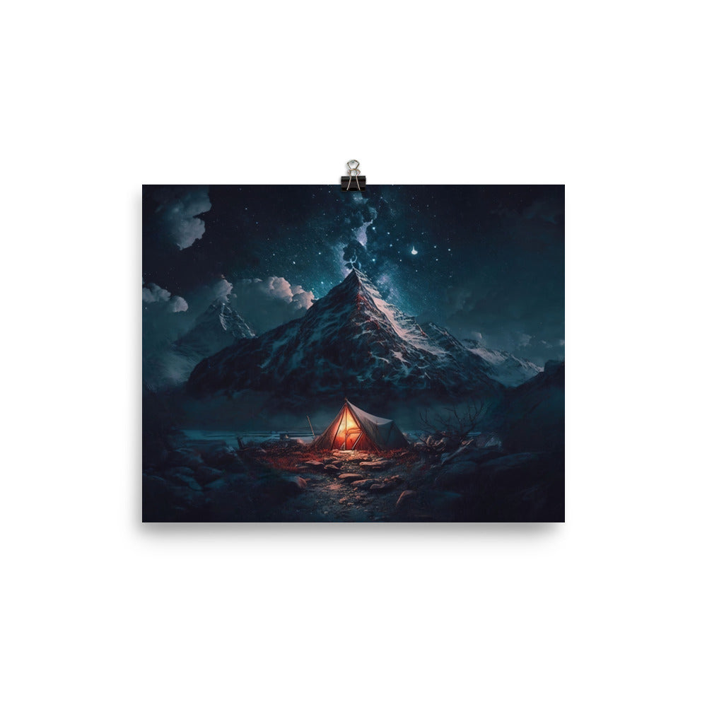 Zelt und Berg in der Nacht - Sterne am Himmel - Landschaftsmalerei - Premium Poster (glänzend) camping xxx 20.3 x 25.4 cm