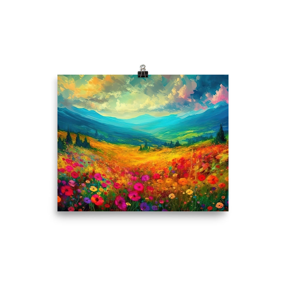 Berglandschaft und schöne farbige Blumen - Malerei - Premium Poster (glänzend) berge xxx 20.3 x 25.4 cm